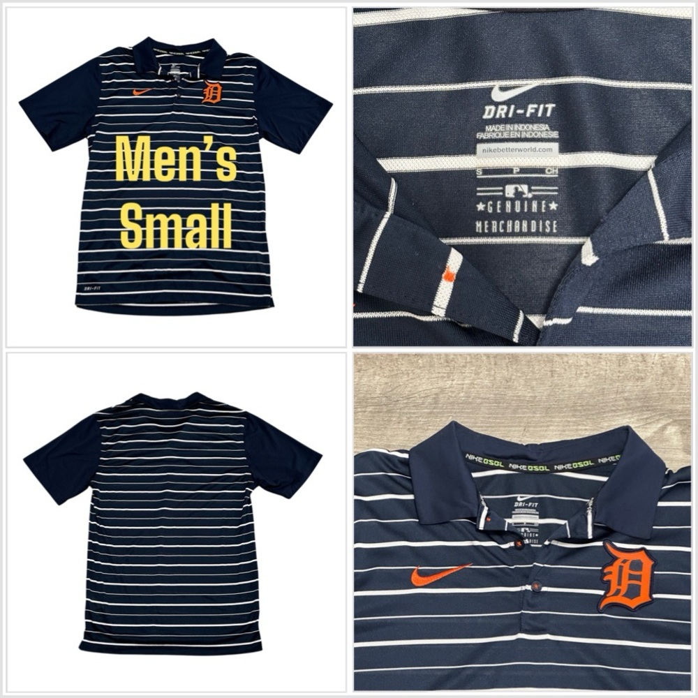 Men’s Small Nike Baseball Detroit Tigers Logo Striped Polo Shirt Short Sleeve